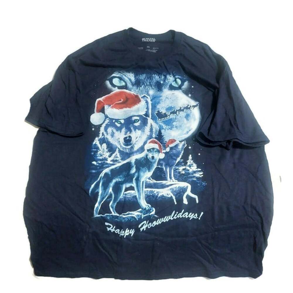 Special Thanks Happy Hoowwlidays Christmas Wolf Graphic Tee Blue Mens XXL Santa